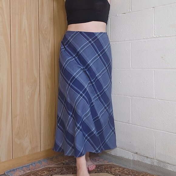 y2k Preppy Western Coastal Office Siren Cowgirl Blue Plaid Maxi Skirt - Picture 4 of 8